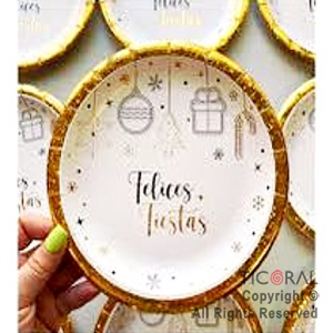 PLATO FELICES FIESTAS STAMPING ORO CHICO x 8